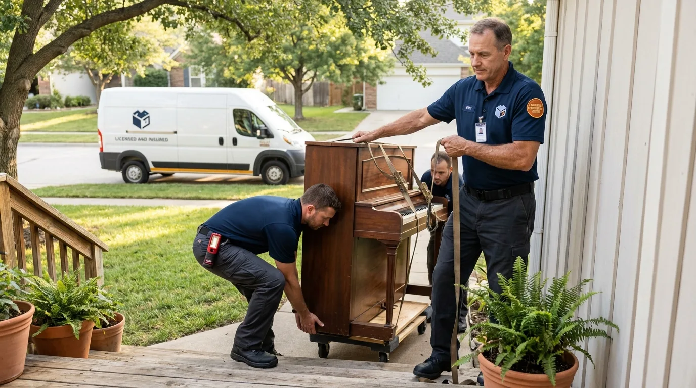 Licensed piano movers securing grand piano in Ixonia, WI