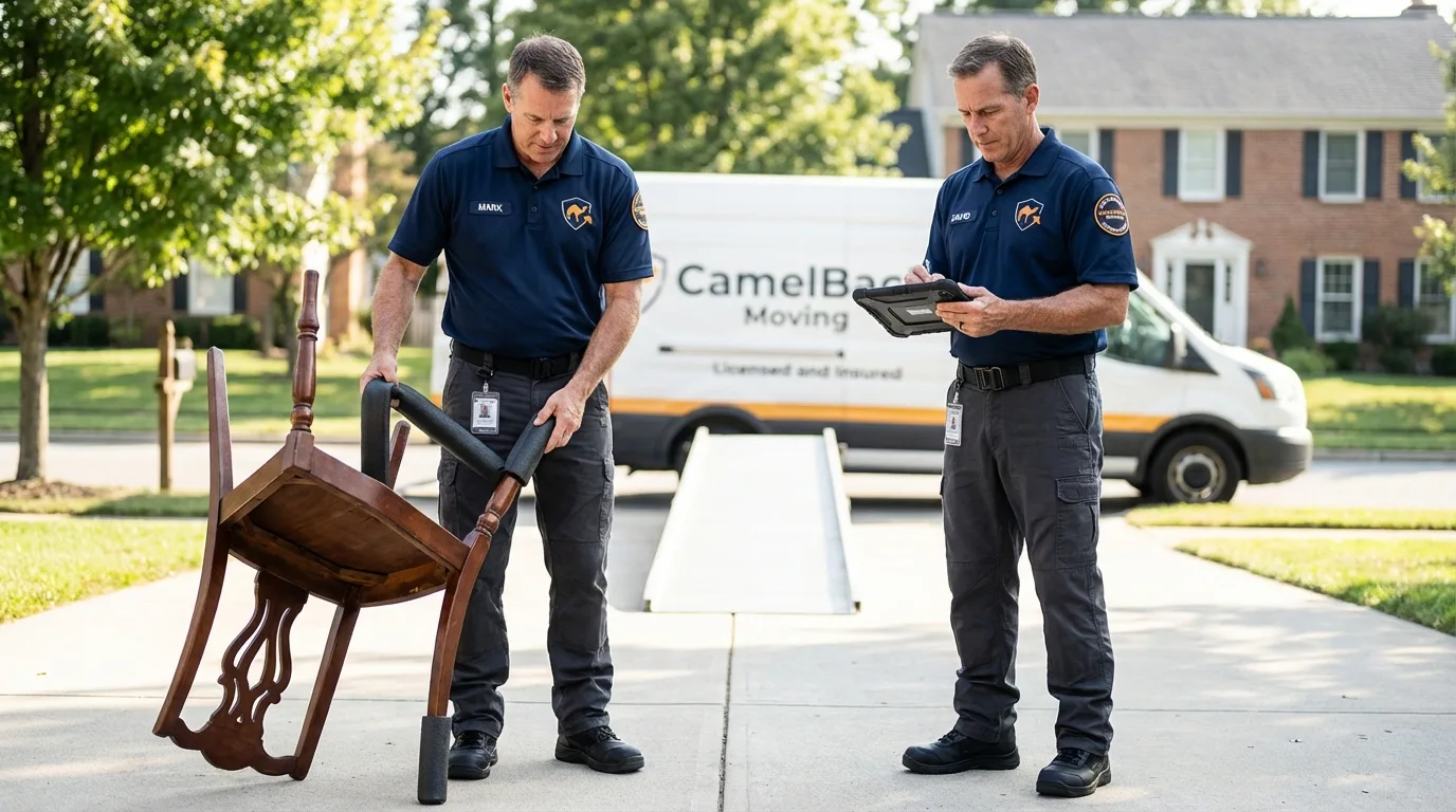 Movers inspecting furniture for damage prevention before loading in Ixonia, WI