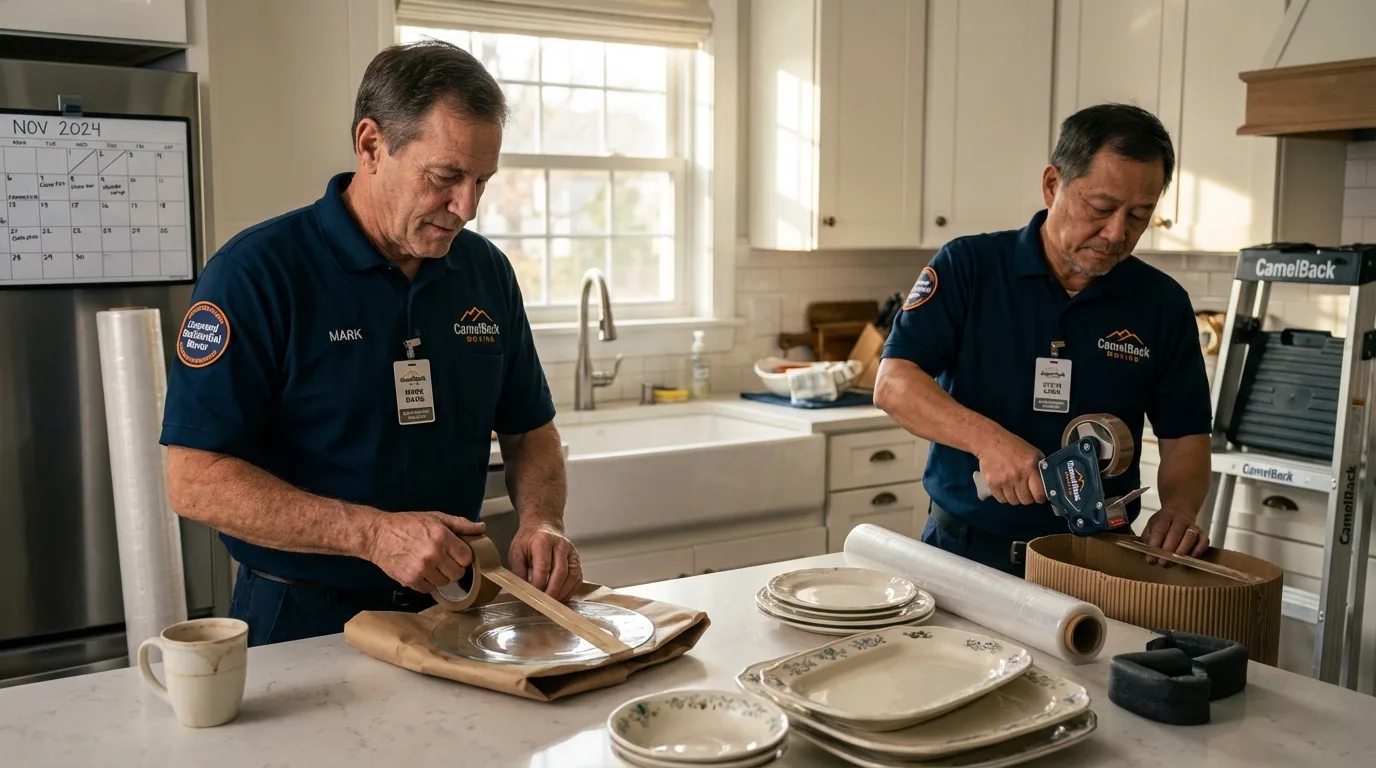 Professional crew packing kitchen dishware in Ixonia, WI